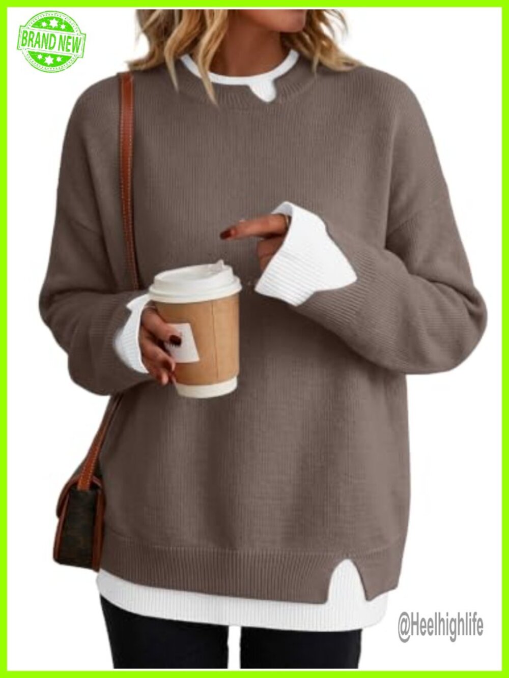 Oversized Patchwork Sweater Slit Cuffs Crew Neck Fall Teacher Outfit